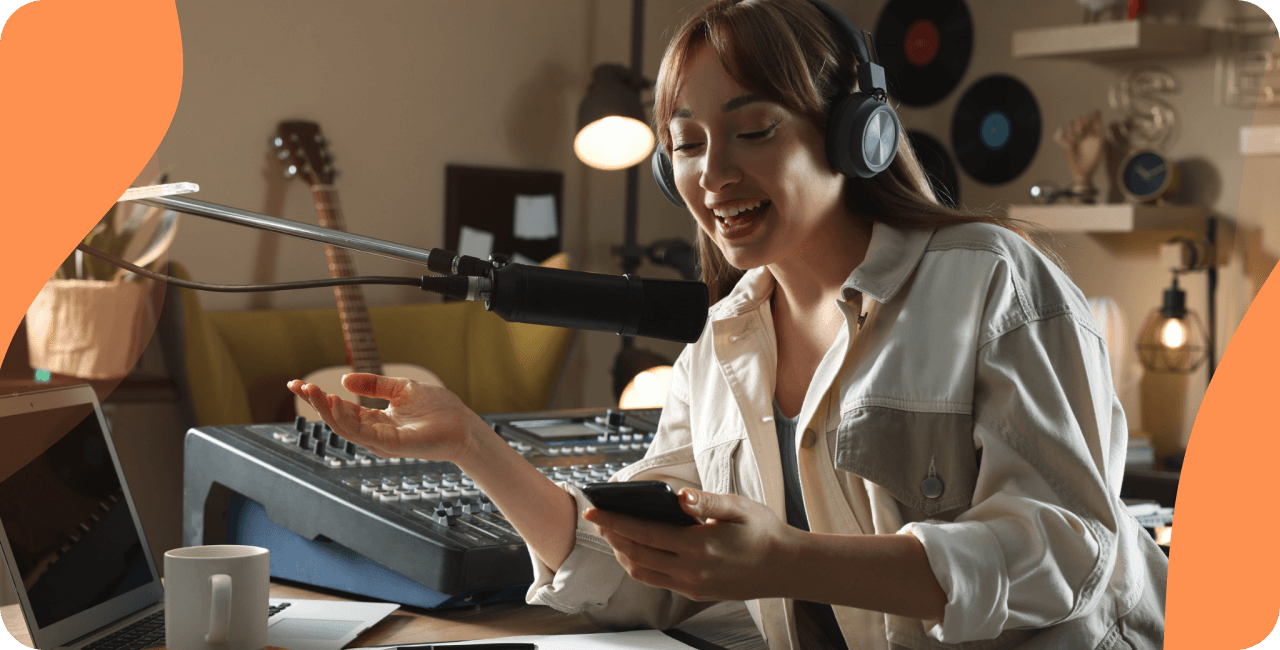 Woman broadcasting on her radio station with a microphone and headphones