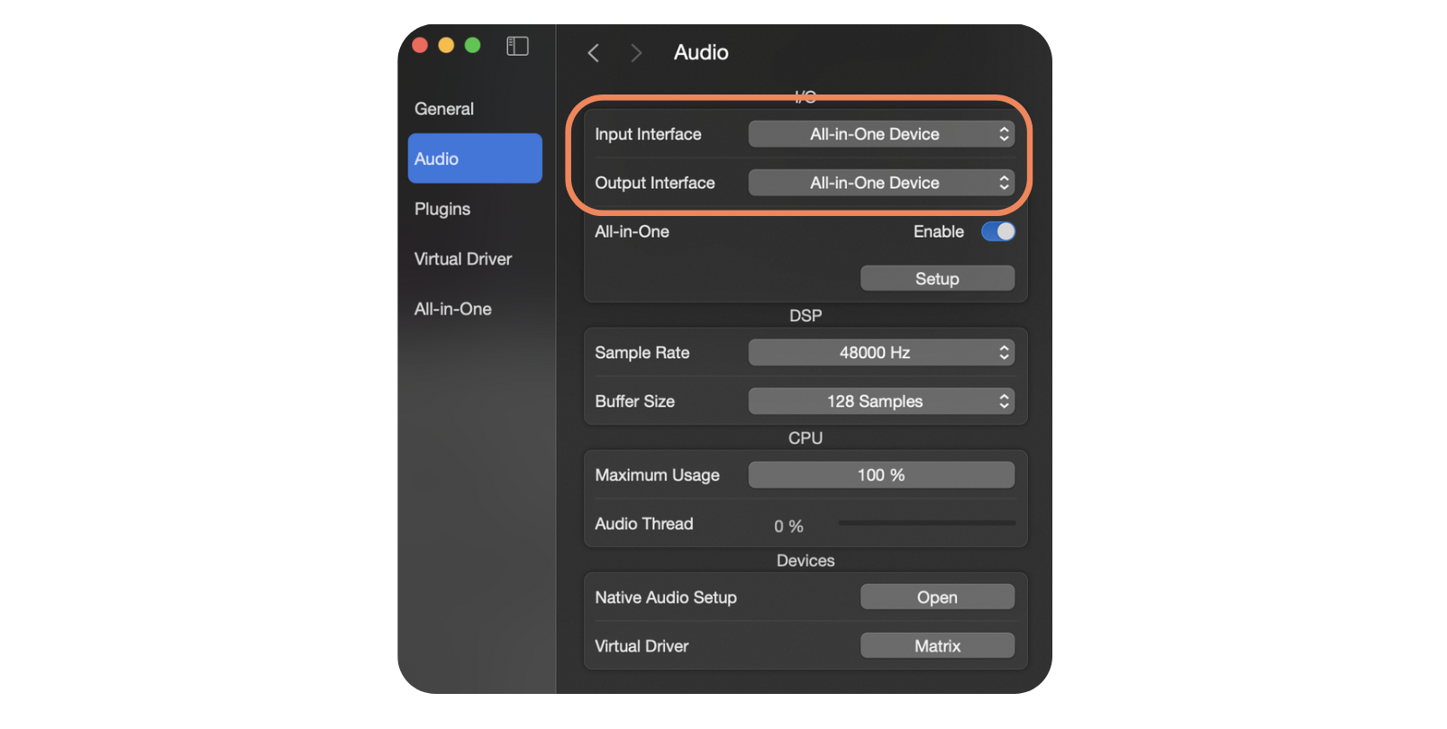 SoundDesk audio settings